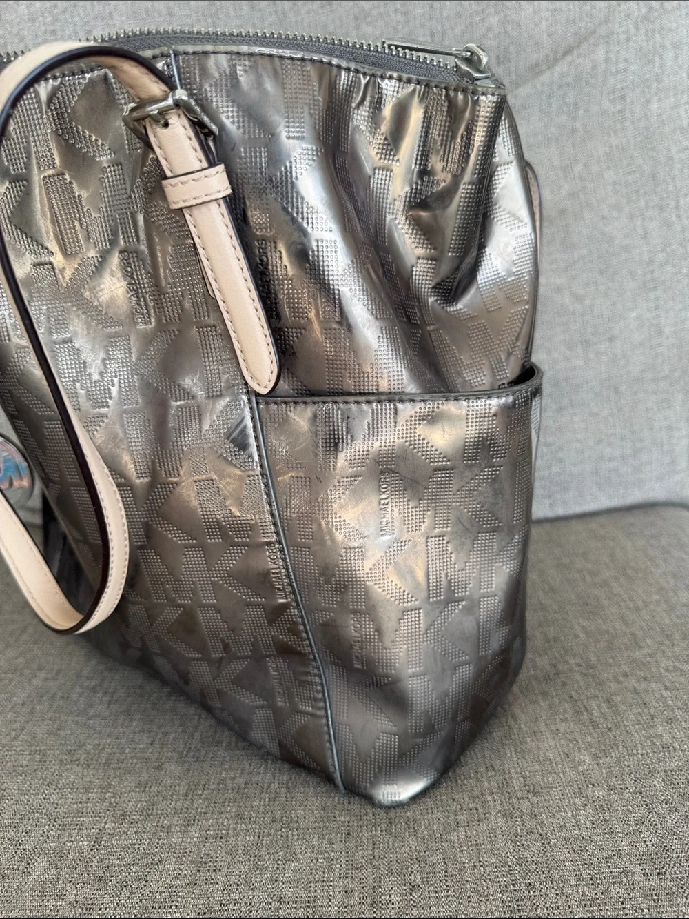 Michael Kors Metallic Bronze MK Tote with Tan Straps and Charm